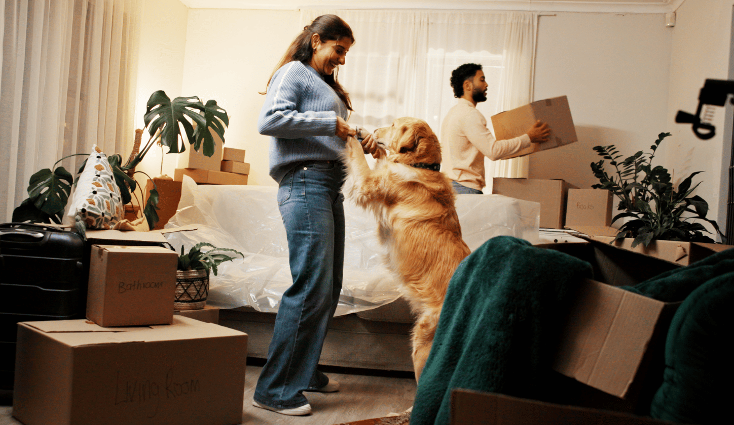 man moving boxes, woman dancing with golden retriever dog