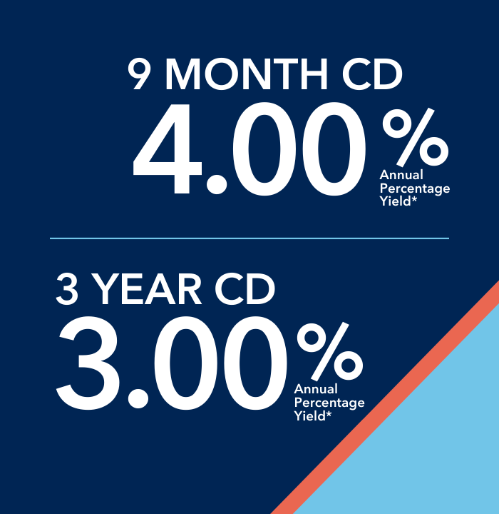 9 month 4.00% APY and 3 year 3.00 APY  CD specials